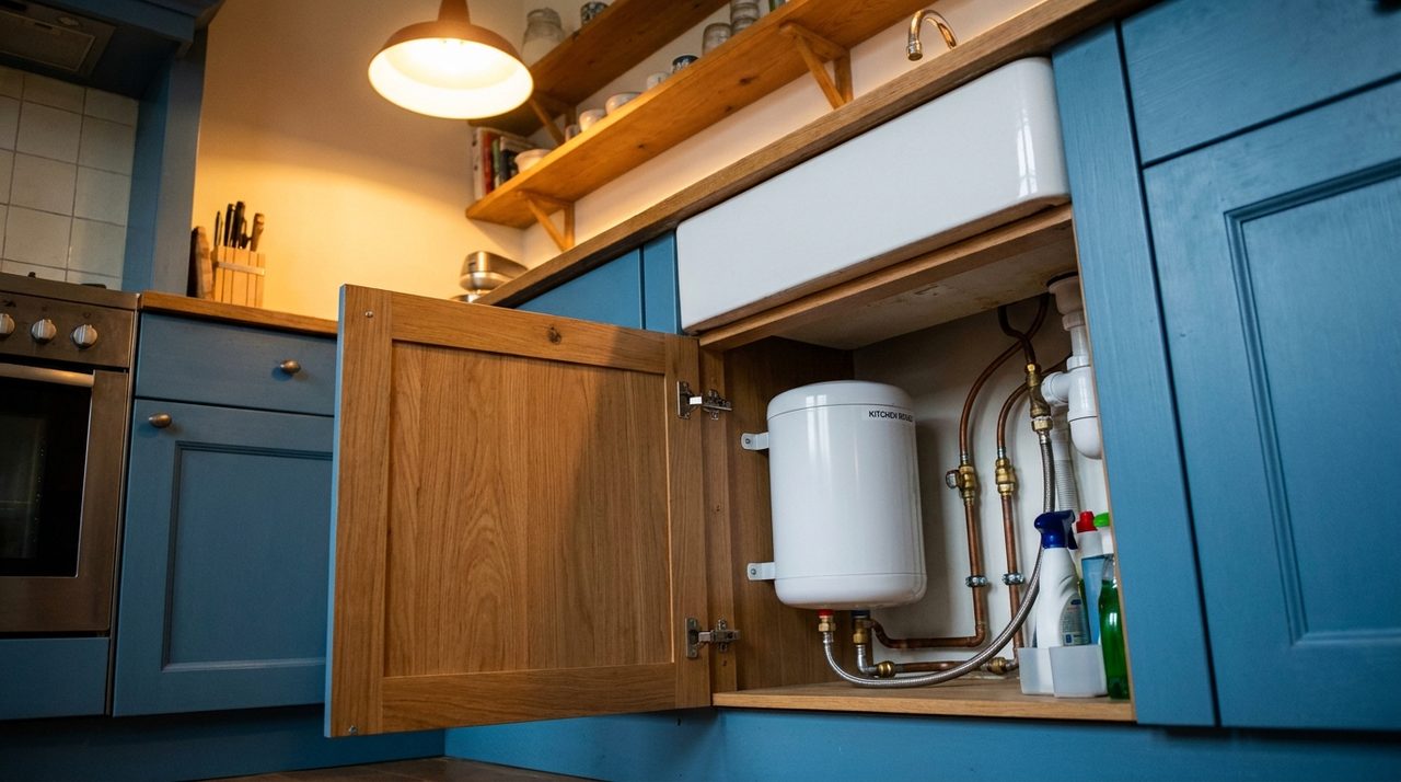 Elektrische keukenboiler onder het aanrecht in een Nederlandse keuken